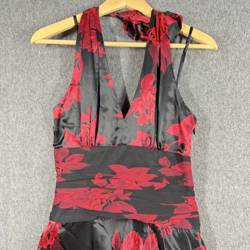 Y2K Donna Ricco Silk Halter Dress Black Red Floral Rose Handkerchief Hem SZ 4 - Picture 2 of 13
